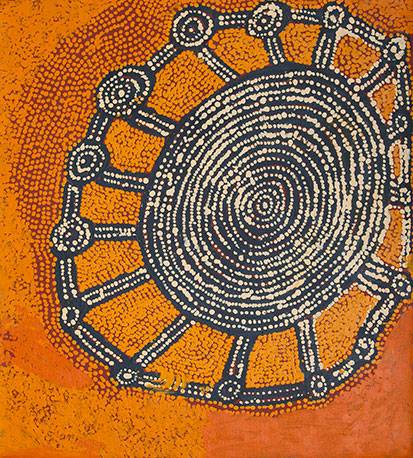 Australian Indigenous (Aboriginal and Torres Strait Islander) artwork by WILLY TJUNGURRAYI of Papunya Tula Artists. The title is Kaakuratintja (Lake MacDonald). [WT1606088] (Acrylic on Belgian Linen)