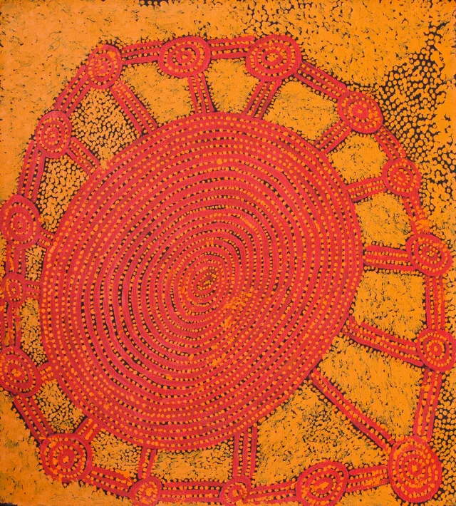 Australian Indigenous (Aboriginal and Torres Strait Islander) artwork by WILLY TJUNGURRAYI of Papunya Tula Artists. The title is Kaakuratintja (Lake MacDonald). [WT1411043] (Acrylic on Belgian Linen)