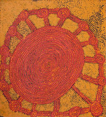 Australian Indigenous (Aboriginal and Torres Strait Islander) artwork by WILLY TJUNGURRAYI of Papunya Tula Artists. The title is Kaakuratintja (Lake MacDonald). [WT1411043] (Acrylic on Belgian Linen)