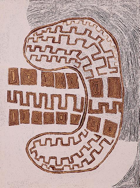 Australian Indigenous (Aboriginal and Torres Strait Islander) artwork by MORRIS GIBSON TJAPALTJARRI of Papunya Tula Artists. The title is Kaakuratintja (Lake MacDonald). [MG1703033] (Acrylic on Belgian Linen)