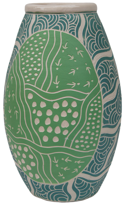 Australian Indigenous (Aboriginal and Torres Strait Islander) artwork by VARIOUS ERNABELLA ARTISTS (COLLABORATIVE) of Ernabella Artists. The title is Kalaya Ngura (Emu Story). [347Ca_b-14] (Stoneware with Sgraffito)