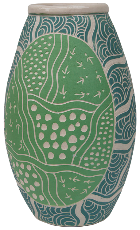 Australian Indigenous (Aboriginal and Torres Strait Islander) artwork by VARIOUS ERNABELLA ARTISTS (COLLABORATIVE) of Ernabella Artists. The title is Kalaya Ngura (Emu Story). [347Ca_b-14] (Stoneware with Sgraffito)