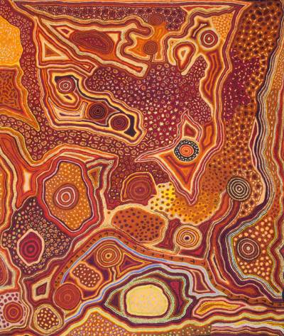 Australian Indigenous (Aboriginal and Torres Strait Islander) artwork by KAY BAKER of Tjungu Palya Artists. The title is Kalaya Tjukurpa. [12007] (Acrylic on Linen)