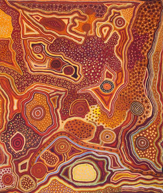 Australian Indigenous (Aboriginal and Torres Strait Islander) artwork by KAY BAKER of Tjungu Palya Artists. The title is Kalaya Tjukurpa. [12007] (Acrylic on Linen)