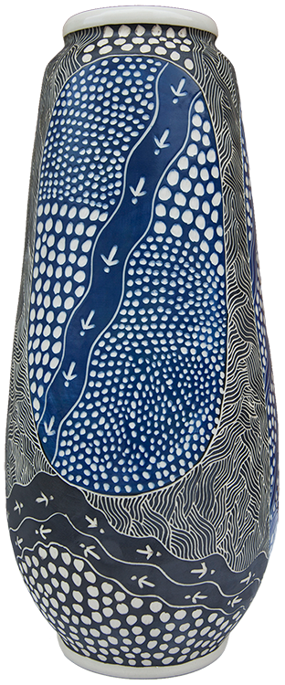 Australian Indigenous (Aboriginal and Torres Strait Islander) artwork by ANDY TJUTJUNA of Ernabella Artists. The title is Kalaya Tjukurpa (Emu Story). [284C-14] (Stoneware with Sgraffito)