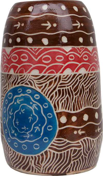 Australian Indigenous (Aboriginal and Torres Strait Islander) artwork by ANDY TJUTJUNA of Ernabella Artists. The title is Kalaya Tjukurpa (Emu Story). [306C-14] (Stoneware with Sgraffito)