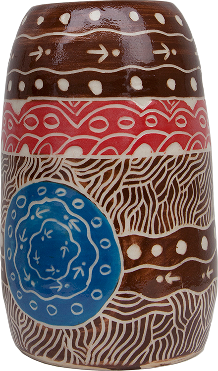 Australian Indigenous (Aboriginal and Torres Strait Islander) artwork by ANDY TJUTJUNA of Ernabella Artists. The title is Kalaya Tjukurpa (Emu Story). [306C-14] (Stoneware with Sgraffito)