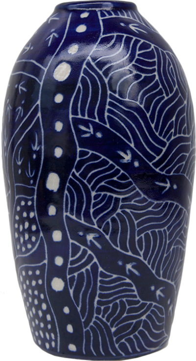 Australian Indigenous (Aboriginal and Torres Strait Islander) artwork by ANDY TJUTJUNA of Ernabella Artists. The title is Kalaya Tjukurpa (Emu Story). [307C-14] (Stoneware with Sgraffito)