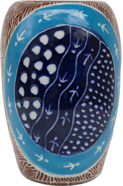 Australian Indigenous (Aboriginal and Torres Strait Islander) artwork by ANDY TJUTJUNA of Ernabella Artists. The title is Kalaya Tjukurpa (Emu Story). [308C-14] (Stoneware with Sgraffito)