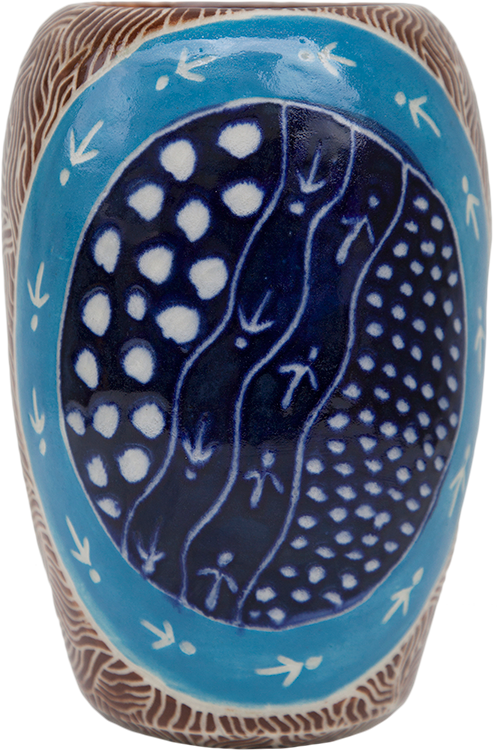 Australian Indigenous (Aboriginal and Torres Strait Islander) artwork by ANDY TJUTJUNA of Ernabella Artists. The title is Kalaya Tjukurpa (Emu Story). [308C-14] (Stoneware with Sgraffito)