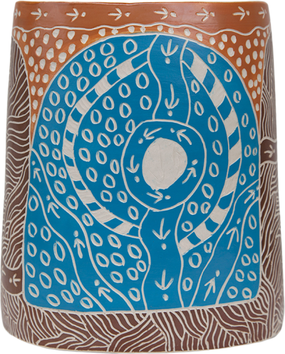 Australian Indigenous (Aboriginal and Torres Strait Islander) artwork by ANDY TJUTJUNA of Ernabella Artists. The title is Kalaya Tjukurpa (Emu Story). [309C-14] (Stoneware with Sgraffito)