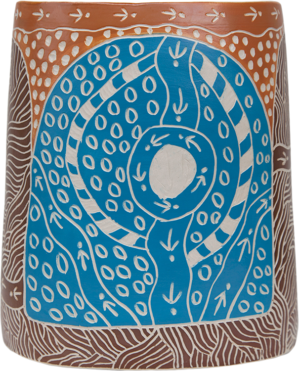 Australian Indigenous (Aboriginal and Torres Strait Islander) artwork by ANDY TJUTJUNA of Ernabella Artists. The title is Kalaya Tjukurpa (Emu Story). [309C-14] (Stoneware with Sgraffito)