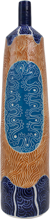 Australian Indigenous (Aboriginal and Torres Strait Islander) artwork by ANDY TJUTJUNA of Ernabella Artists. The title is Kalaya Tjukurpa (Emu Story). [317C-14] (Stoneware with Sgraffito)