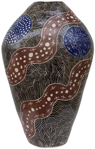 Australian Indigenous (Aboriginal and Torres Strait Islander) artwork by ANDY TJUTJUNA of Ernabella Artists. The title is Kalaya Tjukurpa (Emu Story). [327C-14] (Stoneware with Sgraffito)