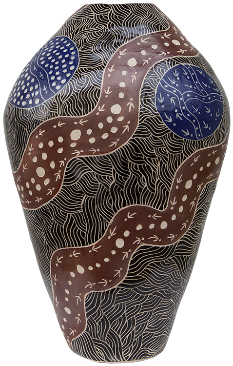Australian Indigenous (Aboriginal and Torres Strait Islander) artwork by ANDY TJUTJUNA of Ernabella Artists. The title is Kalaya Tjukurpa (Emu Story). [327C-14] (Stoneware with Sgraffito)