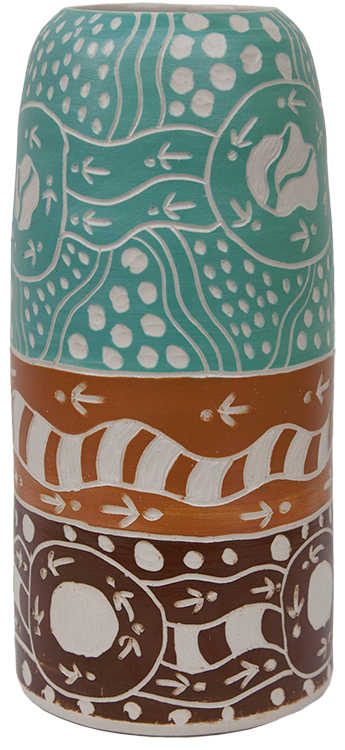 Australian Indigenous (Aboriginal and Torres Strait Islander) artwork by ANDY TJUTJUNA of Ernabella Artists. The title is Kalaya Tjukurpa (Emu Story). [328C-14] (Stoneware with Sgraffito)