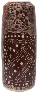 Australian Indigenous (Aboriginal and Torres Strait Islander) artwork by ANDY TJUTJUNA of Ernabella Artists. The title is Kalaya Tjukurpa (Emu Story). [329C-14] (Stoneware with Sgraffito)