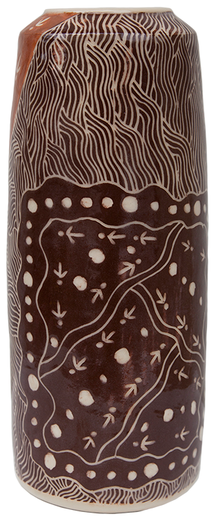 Australian Indigenous (Aboriginal and Torres Strait Islander) artwork by ANDY TJUTJUNA of Ernabella Artists. The title is Kalaya Tjukurpa (Emu Story). [329C-14] (Stoneware with Sgraffito)