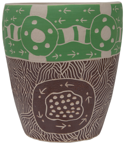 Australian Indigenous (Aboriginal and Torres Strait Islander) artwork by ANDY TJUTJUNA of Ernabella Artists. The title is Kalaya Tjukurpa (Emu Story). [330C-14] (Stoneware with Sgraffito)