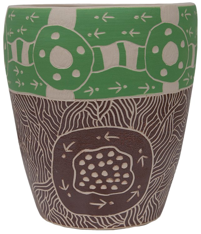 Australian Indigenous (Aboriginal and Torres Strait Islander) artwork by ANDY TJUTJUNA of Ernabella Artists. The title is Kalaya Tjukurpa (Emu Story). [330C-14] (Stoneware with Sgraffito)