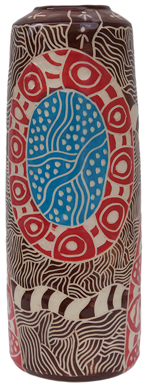 Australian Indigenous (Aboriginal and Torres Strait Islander) artwork by ANDY TJUTJUNA of Ernabella Artists. The title is Kalaya Tjukurpa (Emu Story). [331C-14] (Stoneware with Sgraffito)