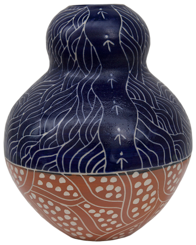 Australian Indigenous (Aboriginal and Torres Strait Islander) artwork by ANDY TJUTJUNA of Ernabella Artists. The title is Kalaya Tjukurpa (Emu Story). [332C-14] (Stoneware with Sgraffito)