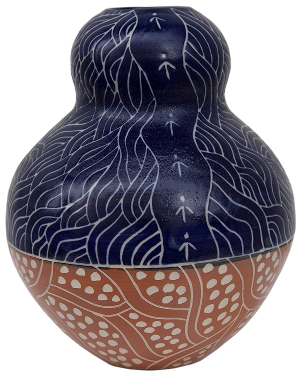 Australian Indigenous (Aboriginal and Torres Strait Islander) artwork by ANDY TJUTJUNA of Ernabella Artists. The title is Kalaya Tjukurpa (Emu Story). [332C-14] (Stoneware with Sgraffito)