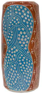 Australian Indigenous (Aboriginal and Torres Strait Islander) artwork by ANDY TJUTJUNA of Ernabella Artists. The title is Kalaya Tjukurpa (Emu Story). [333C-14] (Stoneware with Sgraffito)