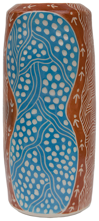Australian Indigenous (Aboriginal and Torres Strait Islander) artwork by ANDY TJUTJUNA of Ernabella Artists. The title is Kalaya Tjukurpa (Emu Story). [333C-14] (Stoneware with Sgraffito)