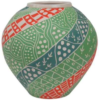 Australian Indigenous (Aboriginal and Torres Strait Islander) artwork by ANDY TJUTJUNA of Ernabella Artists. The title is Kalaya Tjukurpa (Emu Story). [334C-14] (Stoneware with Sgraffito)