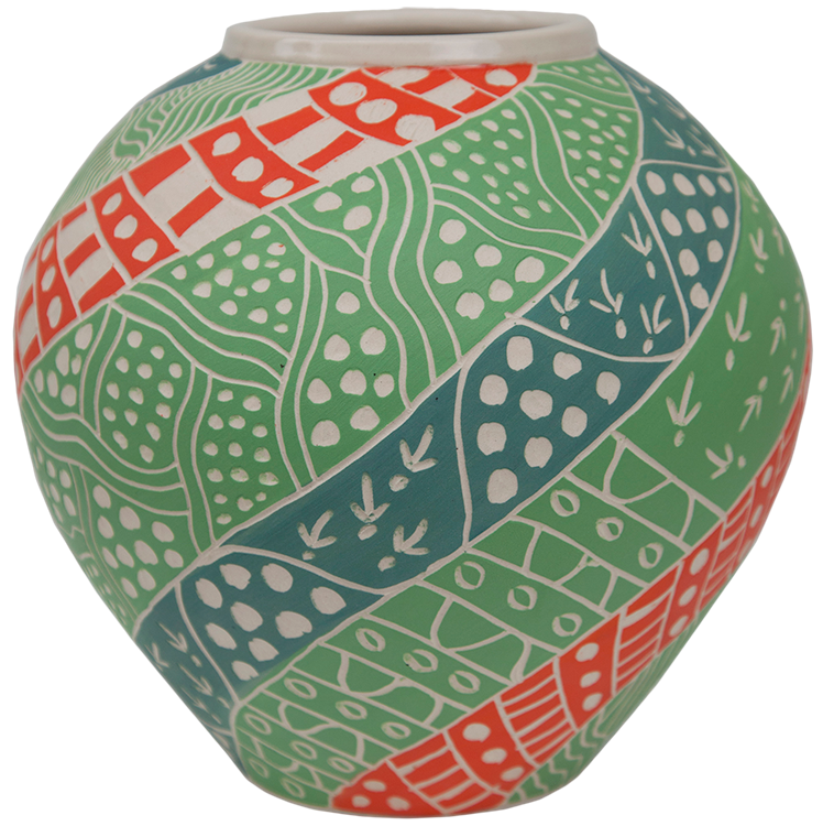 Australian Indigenous (Aboriginal and Torres Strait Islander) artwork by ANDY TJUTJUNA of Ernabella Artists. The title is Kalaya Tjukurpa (Emu Story). [334C-14] (Stoneware with Sgraffito)