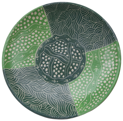 Australian Indigenous (Aboriginal and Torres Strait Islander) artwork by ANDY TJUTJUNA of Ernabella Artists. The title is Kalaya Tjukurpa (Emu Story). [336C-14] (Stoneware with Sgraffito)