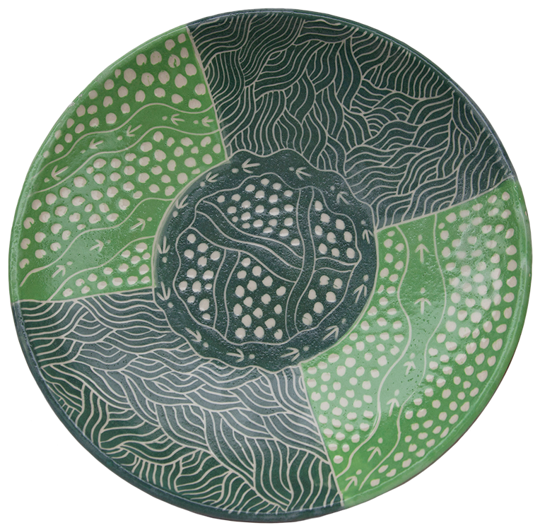 Australian Indigenous (Aboriginal and Torres Strait Islander) artwork by ANDY TJUTJUNA of Ernabella Artists. The title is Kalaya Tjukurpa (Emu Story). [336C-14] (Stoneware with Sgraffito)