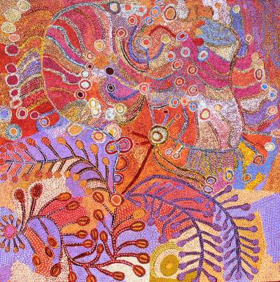 Australian Indigenous (Aboriginal and Torres Strait Islander) artwork by RUBY TJANGAWA WILLIAMSON of Tjala Artists. The title is Kaliny-Kalinypa - Desert Grevillea. [149-12] (Acrylic on Linen)