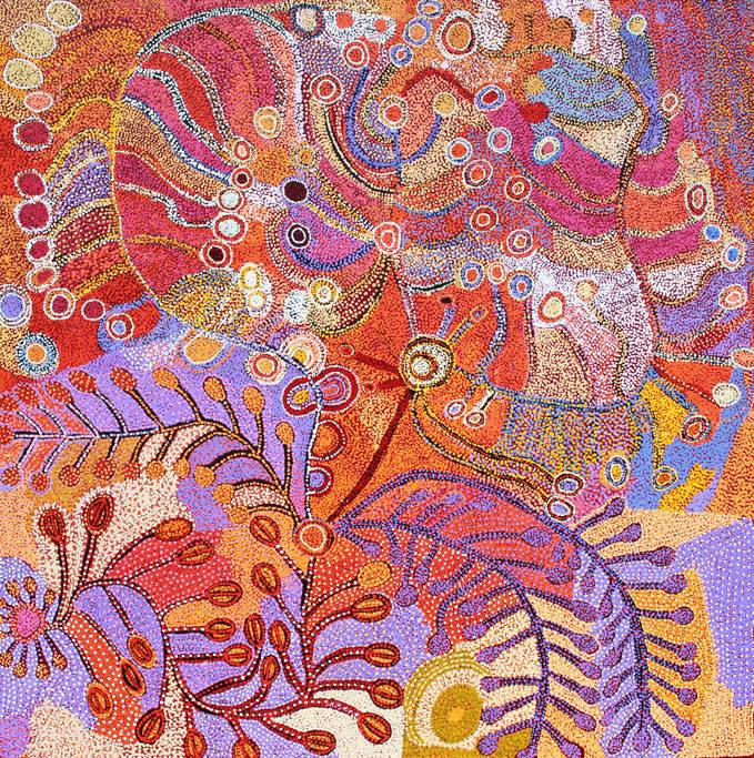 Australian Indigenous (Aboriginal and Torres Strait Islander) artwork by RUBY TJANGAWA WILLIAMSON of Tjala Artists. The title is Kaliny-Kalinypa - Desert Grevillea. [149-12] (Acrylic on Linen)