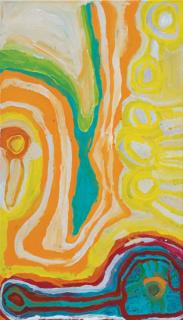 Australian Indigenous (Aboriginal and Torres Strait Islander) artwork by BUGAI WHYLOUTER of Martumili Artists. The title is Kalpaa. [08-906] (Acrylic on Canvas)