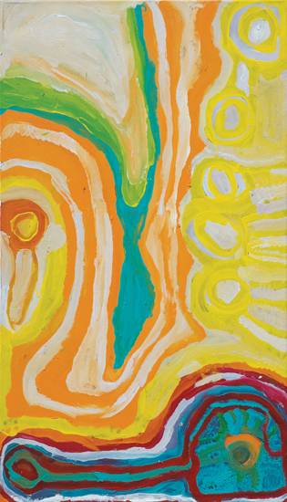 Australian Indigenous (Aboriginal and Torres Strait Islander) artwork by BUGAI WHYLOUTER of Martumili Artists. The title is Kalpaa. [08-906] (Acrylic on Canvas)