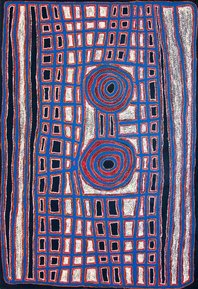 Australian Indigenous (Aboriginal and Torres Strait Islander) artwork by IAN RICTOR of Spinifex Artists. The title is Kamanti. [18-68] (Acrylic on Linen)