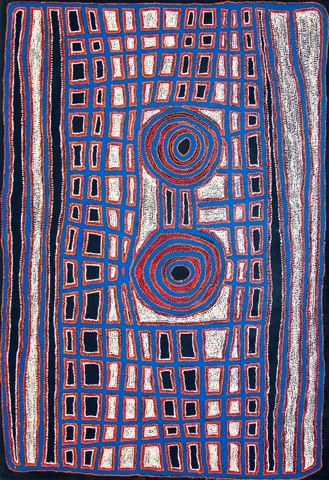 Australian Indigenous (Aboriginal and Torres Strait Islander) artwork by IAN RICTOR of Spinifex Artists. The title is Kamanti. [18-68] (Acrylic on Linen)