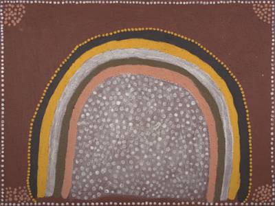 Australian Indigenous (Aboriginal and Torres Strait Islander) artwork by LENA NYADBI of Warmun Artists. The title is Kangaroo Rock, Bow River. [WAC025/02] (Natural Ochre and Pigments on Canvas)