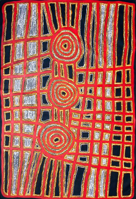 Australian Indigenous (Aboriginal and Torres Strait Islander) artwork by IAN RICTOR of Spinifex Artists. The title is Kapi Mankurpa. [18-151] (Acrylic on Linen)
