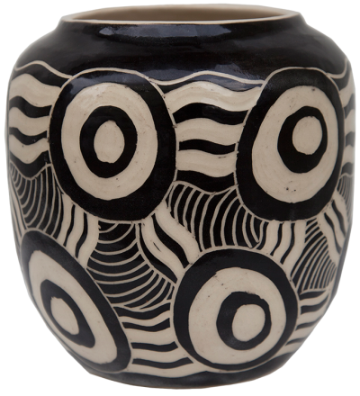 Australian Indigenous (Aboriginal and Torres Strait Islander) artwork by TJIMPUNA WILLIAMS of Ernabella Artists. The title is Kapi Tjukula. [337C-14] (Stoneware with Sgraffito)