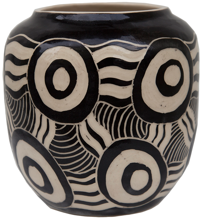 Australian Indigenous (Aboriginal and Torres Strait Islander) artwork by TJIMPUNA WILLIAMS of Ernabella Artists. The title is Kapi Tjukula. [337C-14] (Stoneware with Sgraffito)