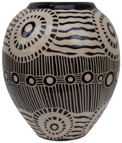 Australian Indigenous (Aboriginal and Torres Strait Islander) artwork by TJIMPUNA WILLIAMS of Ernabella Artists. The title is Kapi Tjukula. [338C-14] (Stoneware with Sgraffito)
