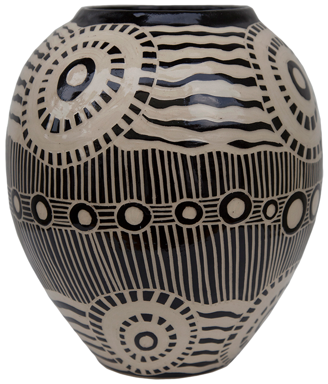 Australian Indigenous (Aboriginal and Torres Strait Islander) artwork by TJIMPUNA WILLIAMS of Ernabella Artists. The title is Kapi Tjukula. [338C-14] (Stoneware with Sgraffito)