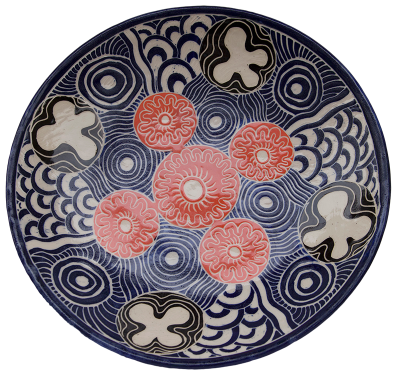 Australian Indigenous (Aboriginal and Torres Strait Islander) artwork by TJIMPUNA WILLIAMS of Ernabella Artists. The title is Kapi Tjukula. [345C-14] (Stoneware with Sgraffito)