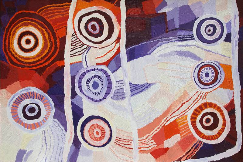 Australian Indigenous (Aboriginal and Torres Strait Islander) artwork by BERYL JIMMY of Tjungu Palya Artists. The title is Kapi Tjukula. [18-055] (Synthetic Acrylic Polymer Paint on Linen)
