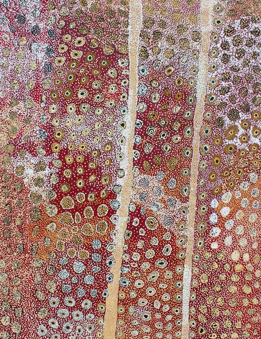 Australian Indigenous (Aboriginal and Torres Strait Islander) artwork by TJAMPAWA KATIE KAWINY of Tjala Artists. The title is Kapi Tjukula Tjuta - Many Rock Holes. [316-12] (Acrylic on Linen)