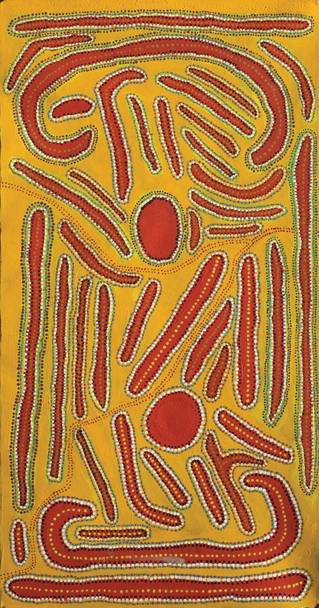 Australian Indigenous (Aboriginal and Torres Strait Islander) artwork by PETER ROWLANDS of Martumili Artists. The title is Kartarru and Kalpaa. [08-540] (Acrylic on Canvas)