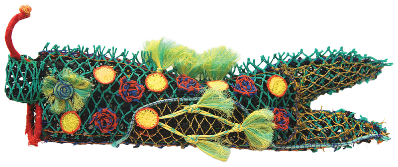 Australian Indigenous (Aboriginal and Torres Strait Islander) artwork by LAVINIA KETCHELL of Erub Erwer Meta. The title is Kaths. [15-88] (Ghost Nets & Twine over Mesh Frame)